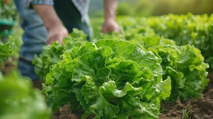 Poster - A man is tending to a field of lettuce. The lettuce is green and fresh, and the man is carefully picking it. Concept of hard work and dedication to the task at hand