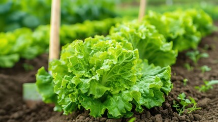 Poster - A bunch of green lettuce is growing in a garden. The lettuce is surrounded by dirt and is growing in a field