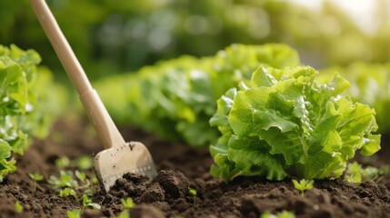 Poster - A garden with a shovel digging into the dirt. The dirt is brown and the plants are green