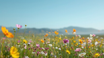 Poster - A field of flowers with a blue sky in the background. The flowers are of various colors and sizes, creating a vibrant and lively scene