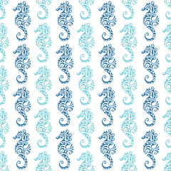 Wall Mural - seamless pattern with seahorse maori style. Blue colors