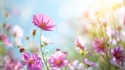 Poster - A field of pink flowers with a blue sky in the background. The flowers are in full bloom and the sun is shining brightly