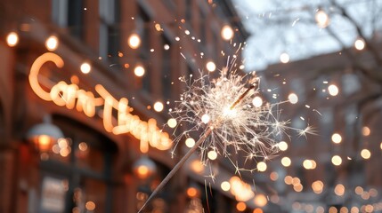 Aufkleber - A lit sparkler is in front of a building with a sign that says 