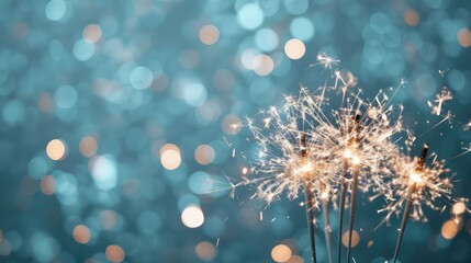 Poster - A group of fireworks are lit up against a blue background. The fireworks are lit up in a way that they appear to be floating in the air. Scene is celebratory and festive