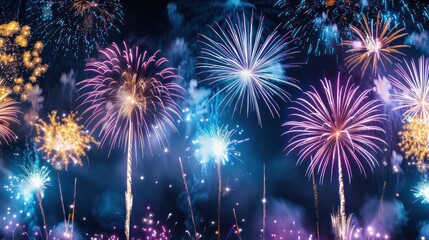 Poster - A fireworks display with many different colored fireworks. The fireworks are lit up in the night sky and create a beautiful and festive atmosphere
