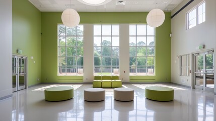 Poster - A large room with green walls and white trim. There are several chairs and couches in the room, and a few people are sitting on them. The room is very spacious and bright