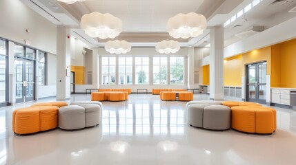 Poster - A large room with orange and gray furniture and white walls. The room is empty and has a clean, modern look
