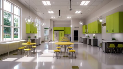 Poster - A bright green school room with yellow chairs and tables. The room is empty and has a clean, bright atmosphere