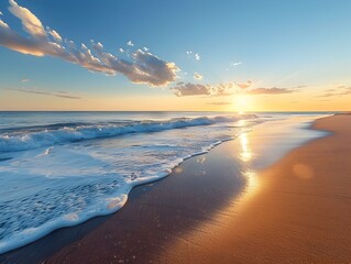 Poster - Breathtaking Sunrise Over a Serene Beach with Smooth Wave Swept Sand and Peaceful Reflection