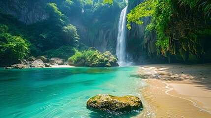 Poster - Serene Hidden Cove with Cascading Waterfall and Lush Tropical Greenery