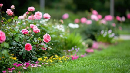 Poster - A beautiful garden with pink and white flowers and green grass. The garden is well-maintained and gives off a peaceful and serene atmosphere