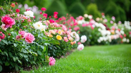 Poster - A beautiful garden with a variety of flowers and green grass. The garden is well-maintained and creates a peaceful and serene atmosphere