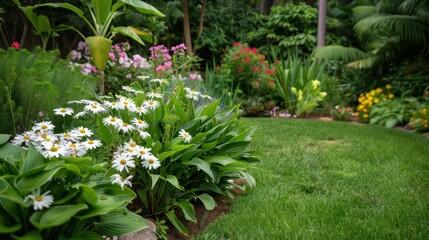 Poster - A lush green lawn with a variety of flowers and plants, including daisies and roses. The garden is well-maintained and gives off a peaceful and serene atmosphere