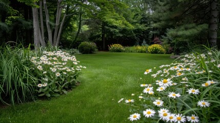 Poster - A lush green lawn with a path leading through it and a row of white flowers. The flowers are scattered throughout the lawn, creating a peaceful and serene atmosphere