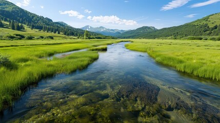 Aufkleber - A river with a green grassy bank. The water is clear and calm. The sky is blue and there are some clouds. The scene is peaceful and serene
