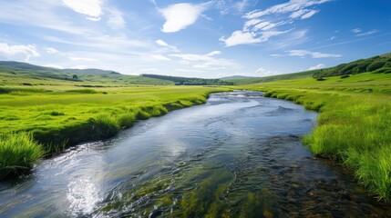 Aufkleber - A river runs through a grassy field with a clear blue sky above. The water is calm and the grass is lush and green. The scene is peaceful and serene, with the river providing a sense of tranquility