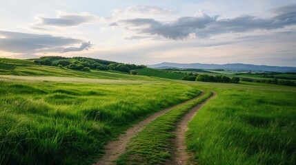 Aufkleber - A road runs through a lush green field. The sky is cloudy, but the sun is still shining through
