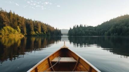 Aufkleber - A boat is in the middle of a lake, with trees in the background. The water is calm and the sky is clear