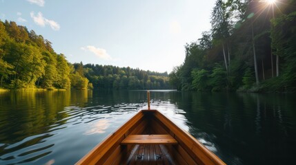 Aufkleber - A boat is floating on a lake with trees in the background. The sun is shining on the water, creating a peaceful and serene atmosphere