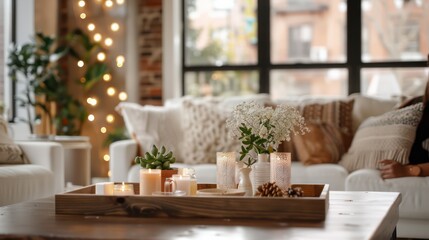 Poster - A living room with a wooden coffee table and a vase of flowers on it. The table is covered with candles and a few potted plants. The room has a cozy and warm atmosphere