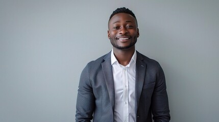 Sticker - Confident Professional: A portrait of a young, Black businessman exuding confidence and approachability against a neutral background. 