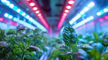 Poster - Closeup of vibrant green plants growing in an indoor farm under rows of red and blue LED lights.