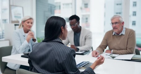 Poster - Meeting, diverse group and woman speaker in office for financial planning, budget and strategy for company growth. Female leader, proposal and talking at table for presentation, ideas and feedback
