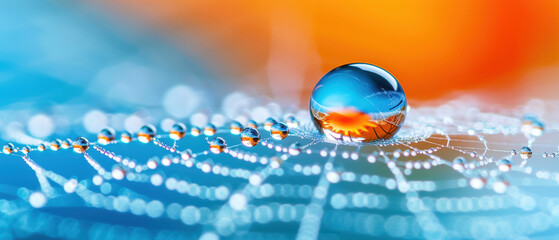 Close-up of a water droplet on a spider web with a vibrant backg