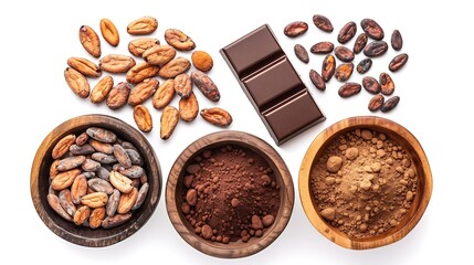 Poster - Chocolate ingredients in wooden bowls cocoa beans chocolate mass cocoa powder chocolate bars Flat lay isolated on white background : Generative AI