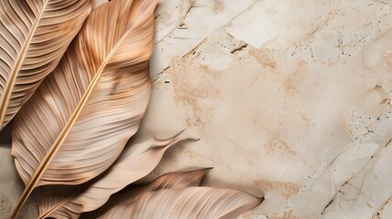 Aufkleber - Tropical dry leaf product presentation with Cracked stone  Natural beige background Studio Minimal showcase for cosmetic or skin care design template : Generative AI