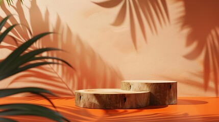 Aufkleber - Wooden cut podium on orange background with palm tree shadow Stand for the presentation of beauty products cosmetics : Generative AI