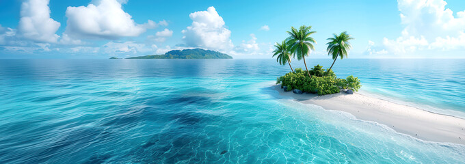 Wall Mural - Serene tropical island with clear blue waters, white sandy beach, and palm trees, set against a distant mountainous island under a clear sky.