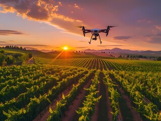 Wall Mural - Drone Capturing Stunning Sunset Over Lush Vineyard Landscape