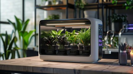 Aufkleber - A modern indoor garden system with various plants growing under artificial lights.
