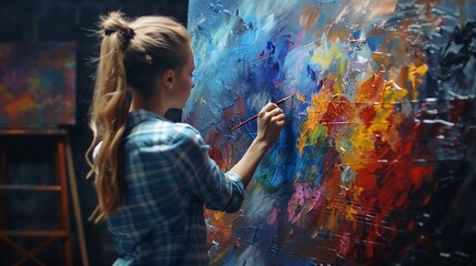 Poster - Talented Innovative Female Artist Draws with Her Hands on the Large Canvas Using Fingers She Creates Colorful Emotional Sensual Oil Painting Contemporary Painter Creating Abstract Mode : Generative AI