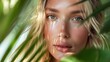 © The Little Hut - Portrait of a young blonde woman with natural makeup and natural styling Advertising of natural cosmetics Beauty salon advertisement Care cosmetics face and body skin care : Generative AI