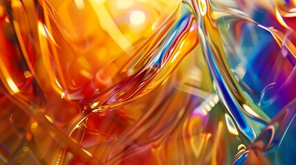 Poster - A complex interplay of rainbow colors creates a liquidlike abstraction on a 3d glass surface with warped and stretched light : Generative AI