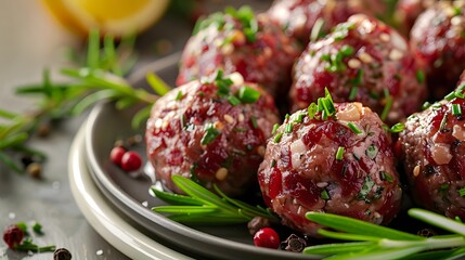 Wall Mural - Deliciously Seasoned Meatballs Garnished with Fresh Herbs and Spices