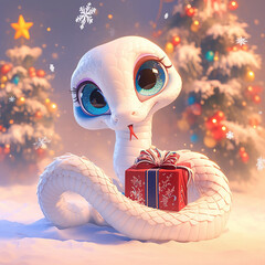 Wall Mural - A white snake is holding a red box with a bow on it. The scene is set in a snowy environment with two Christmas trees in the background. Scene is festive and playful