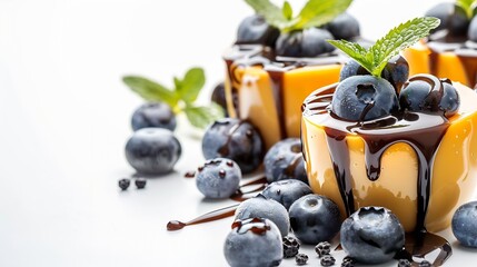 Aufkleber - Delicious pudding with caramel blueberries and mint isolated on white : Generative AI