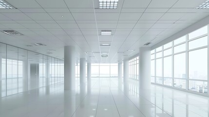 Poster - Interior of modern empty office buildingOpen white ceiling designCool tone : Generative AI