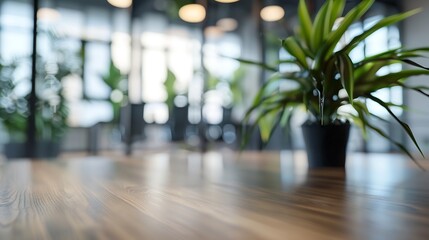 Poster - Light blur Minimalist Open Space Office background Blurred Modern contemporary office and meeting room interior design with panoramic glass windows and green plant inside and Wooden fl : Generative AI