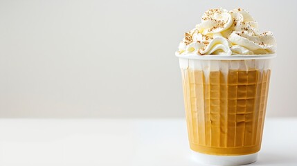 Poster - pumpkin latte coffee drink in take away cup decorated with whipped cream and cinnamon isolated on white background : Generative AI