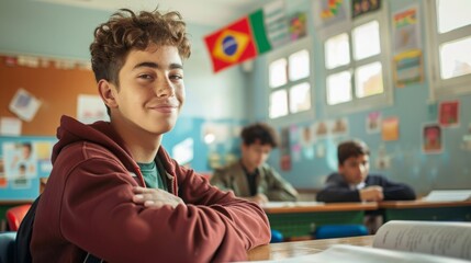 Poster - A young student smiles confidently while seated at a desk, engaging in classroom activities with classmates nearby.