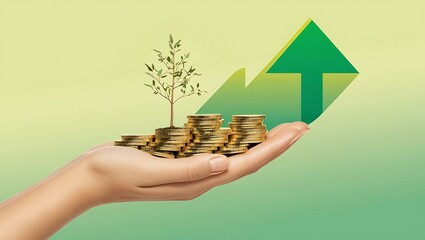 Coin and green arrow growing plant for sustainable financial planning for retirement or eco subsidy investment for environment