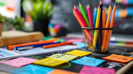 Poster - Colorful Creative Workspace with Notes Drawings and Brainstorming Tools