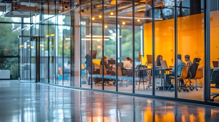 Poster - Modern Glass Walled Office with Brainstorming Team