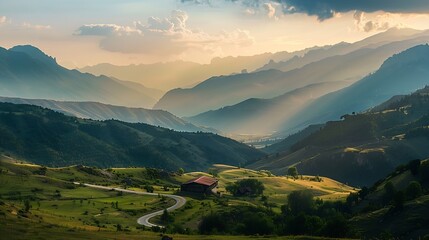 Wall Mural - Beautiful landscape with mountains and a valley with house and road at sunset with blue sky View of the valley in Adjara Georgia : Generative AI