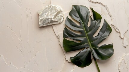 Aufkleber - Tropical dry leaf product presentation with Cracked stone  Natural beige background Studio Minimal showcase for cosmetic or skin care design template : Generative AI