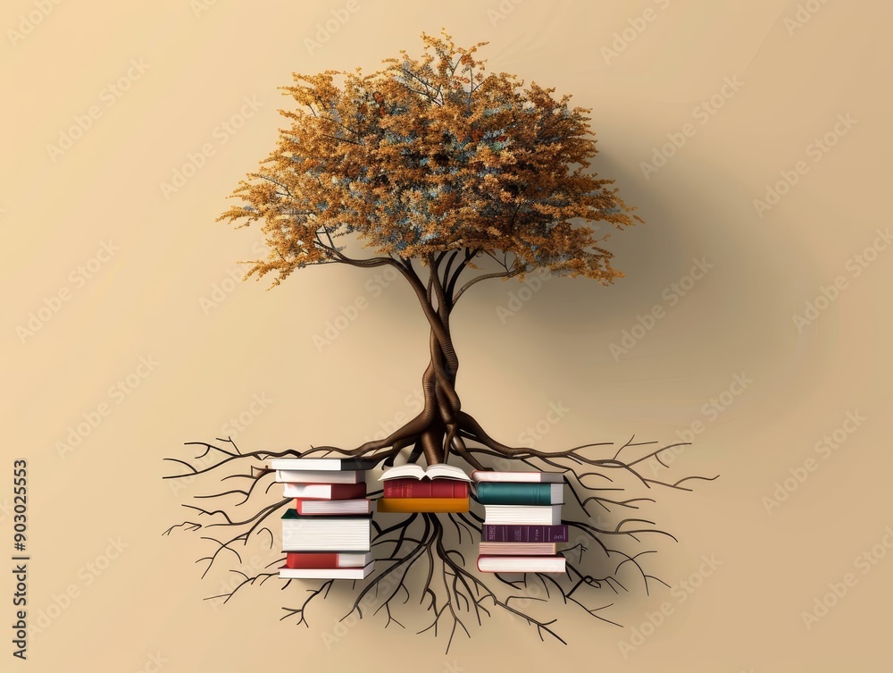 Social Learning Tree Roots Knowledge tree with roots entwined with books and branches spreading ...